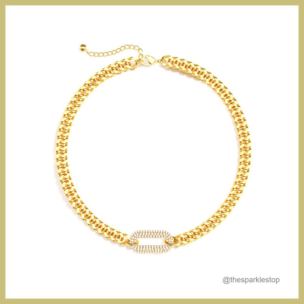 Gold Plated Cuban Link Chain Choker with CZ Pendant Hypoallergenic
